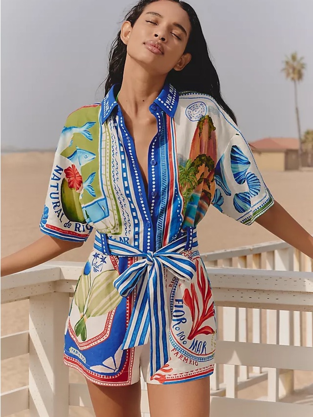 FARM Rio Multicolor Tropical Linen-Blend Romper with Striped Belt-small-NWT
